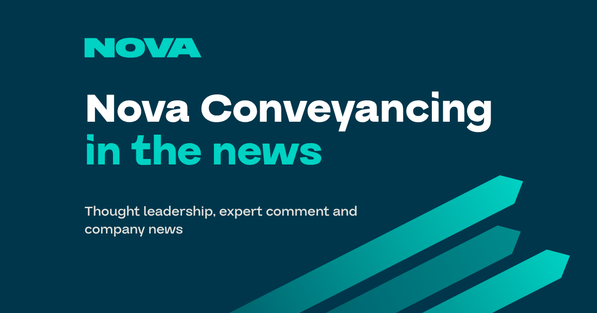 Nova Conveyancing logo and headline “Nova Conveyancing in the news” on a dark blue background with aqua speed stripes